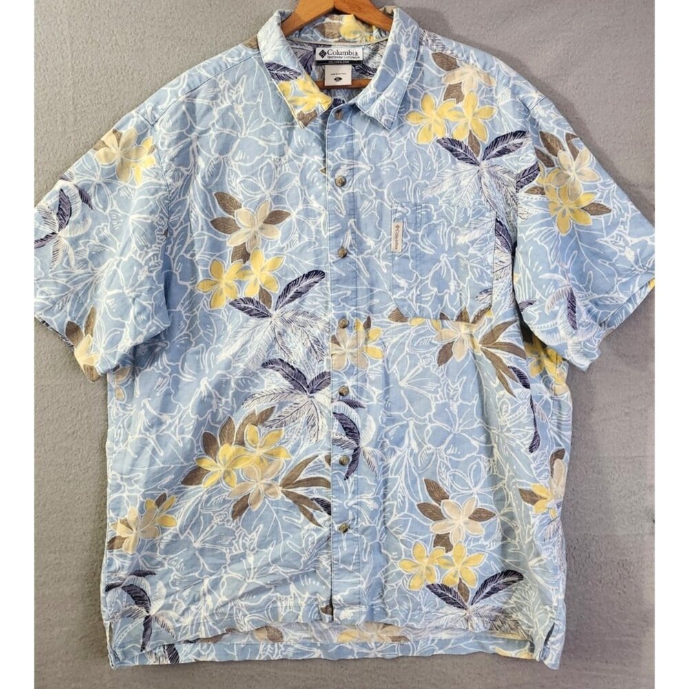 Columbia Men’s Linen Blend Light Blue & Yellow Hawaiian Print Shirt XL